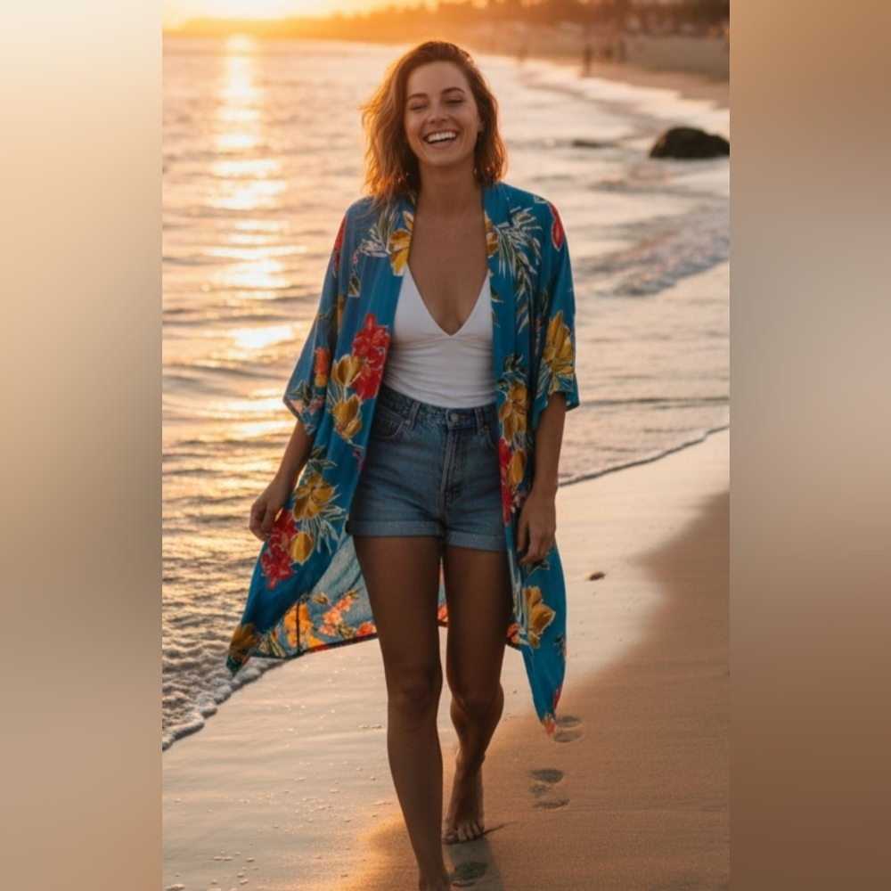 Boho Kimono Cover Up Duster Brown Teal One Size Sheer Woven Heart